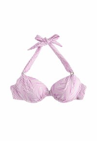 Fialový a biely pruhovaný bikini top s tvarovanými košíčkami, nastaviteľnými šnúrkami okolo krku a strieborným kovovým akcentom.