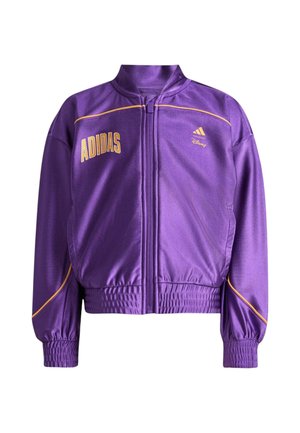 Giacca viola con zip, con loghi gialli Adidas e Disney, dettagli in piping giallo, polsini ed elastico in vita.