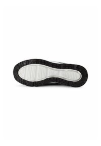 Schuhsohle mit einem strukturierten schwarzen Gummiunterteil, ausgestattet mit einer weißen Zwischensohle und einem gemusterten Profil für besseren Halt. Abgerundete Form, robuste Konstruktion.