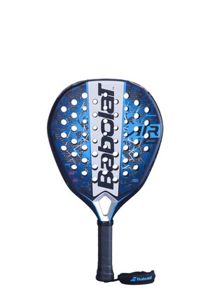 Babolat padelrack with rund form, blå og sort farveskema, perforeret overflade og tekstureret grebshåndtag med håndledsrem.