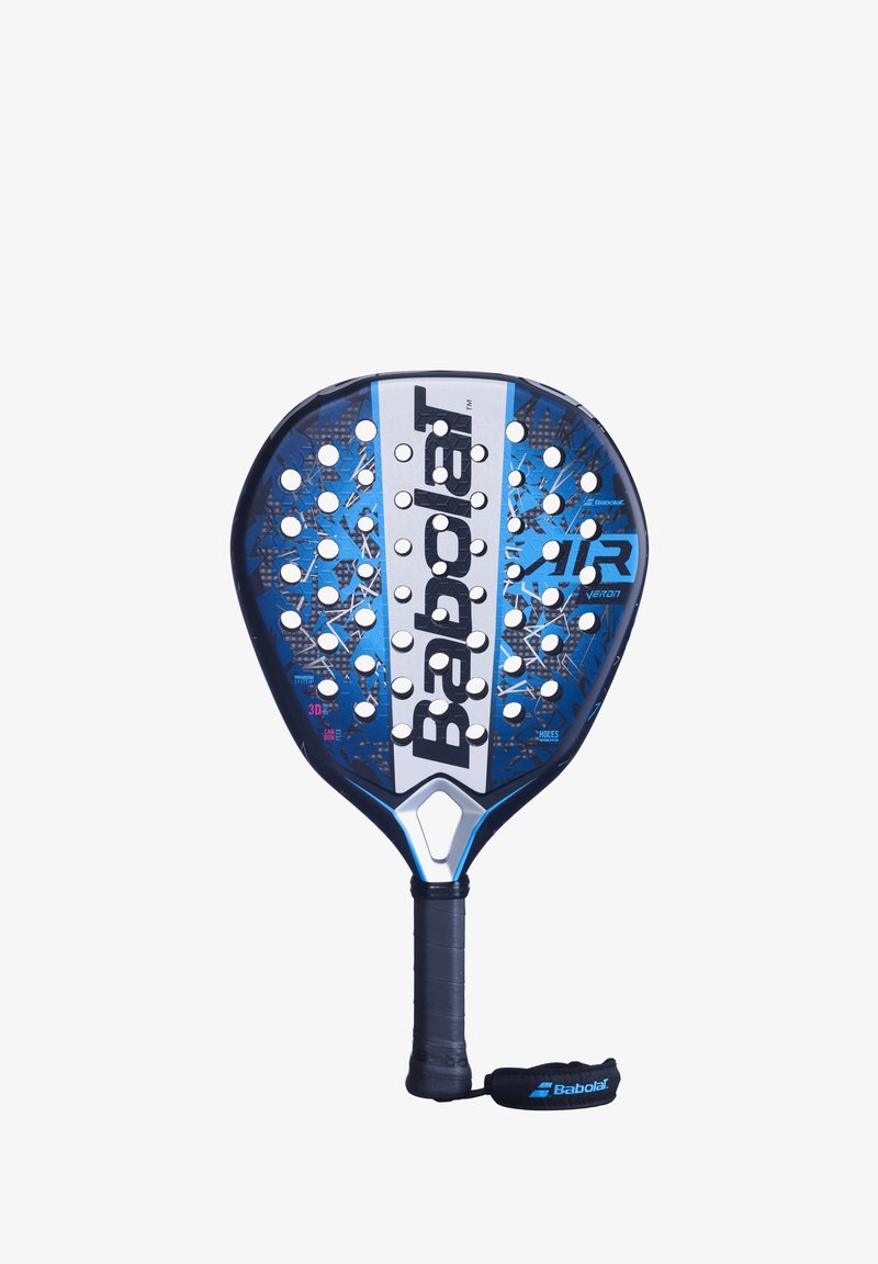 Babolat padelrack with rund form, blå og sort farveskema, perforeret overflade og tekstureret grebshåndtag med håndledsrem.