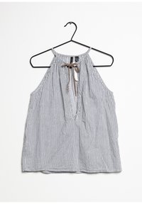 Top a fascia a righe con scollatura a cravatta, caratterizzato da righe verticali blu e bianche, tessuto leggero e vestibilità ampia.