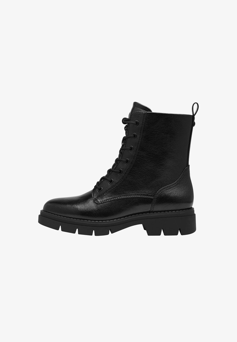 Mustad musta nahast ankle boots sileda viimistlusega, millel on paks tald, ümar nina ja nööpimisega esiosa koos tõmbenööriga.
