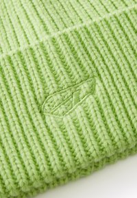Knit beanie in light green, featuring a ribbed texture and an embroidered logo detail. Soft yarn with a cozy appearance.