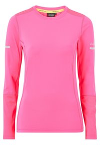 Langærmet atletisk shirt i lys pink, lavet af glat, strækbart materiale; har reflekterende detaljer på overarmen og i halsudskæringen.