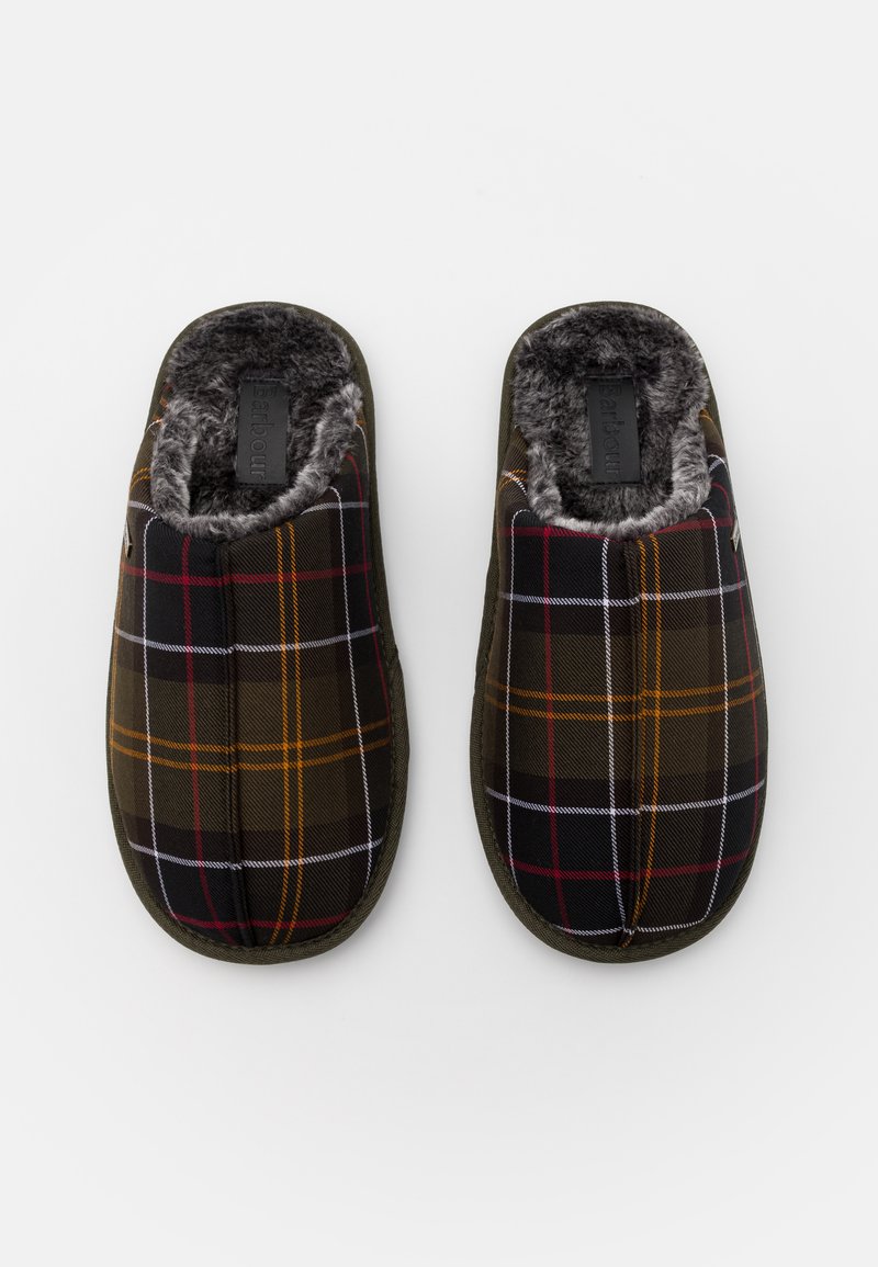 Pantofole a quadri in verde scuro, marrone e giallo con morbida fodera in pelliccia sintetica grigia. Struttura leggera imbottita e suole piatte per il massimo comfort.