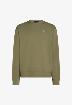 Olivenfarbener Pullover aus weichem Material mit Rundhalsausschnitt und gerippten Bündchen, mit einem dezenten Logo, das auf der Brust gestickt ist.
