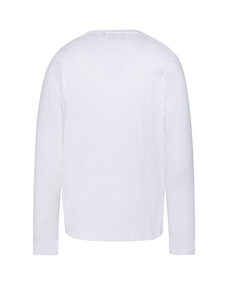 T-shirt à manches longues et col rond en blanc. Fabriqué en coton léger avec une texture lisse. Présente un design simple et minimaliste.
