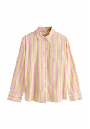 Koszula z długim rękawem na guziki, w pionowe paski w kolorze różowym, żółtym i białym oraz z jedną kieszenią na piersi.
