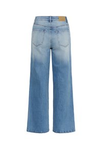 Světlemodré široké džíny vyrobené z denimu, s vysokým pasem, dvěma zadními kapsami a koženou značkovou nášivkou vzadu.