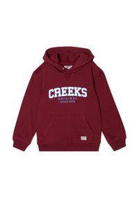 Sweat à capuche bordeaux en tissu mélang é de coton, doté d'une poche kangourou, d'une capuche avec cordon de serrage, et portant l'inscription 'CREEKS ORIGINAL Depuis 1974' imprimée en blanc et bleu.