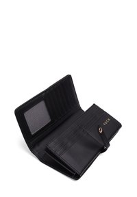 Black leather wallet with multiple card slots, a transparent ID window, and a gold logo. Features a snap closure and smooth texture.