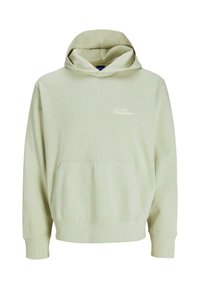 Felpa verde chiaro in morbido tessuto, con tasca frontale, polsini e orlo a coste, e logo ricamato sul petto.