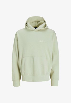 Lichtgroene hoodie van zacht materiaal, met een voorkantzak, ribbelmanchetten en zoom, en logo-tekst geborduurd op de borst.