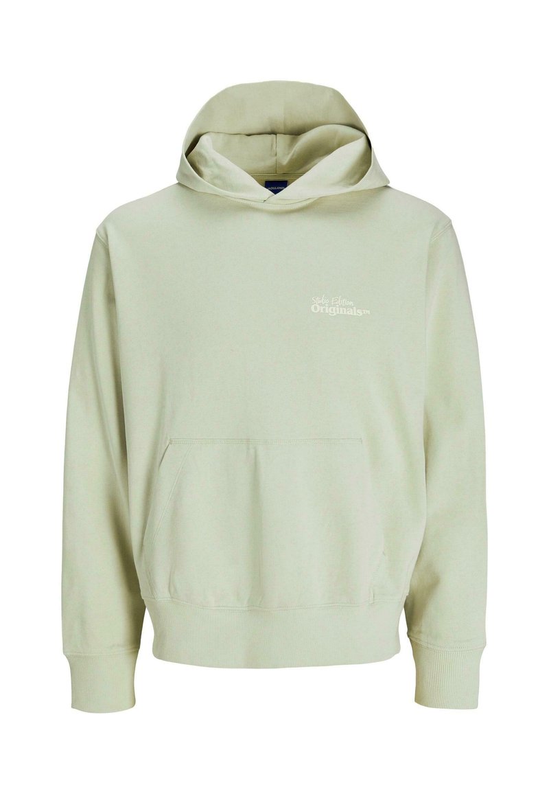Felpa verde chiaro in morbido tessuto, con tasca frontale, polsini e orlo a coste, e logo ricamato sul petto.
