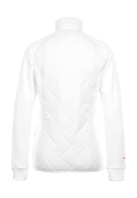 Veste pull blanche matelassée avec col haut et manches longues. Elle présente un motif en diamant à l'arrière et des poignets ajustés.