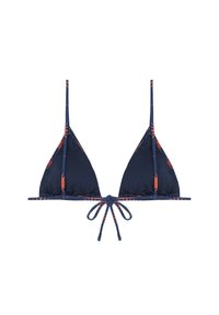 Top de bikini azul marino con copas triangulares, tirantes ajustables y cierre de lazo. Presenta acentos florales a lo largo de los bordes. Textura de tela suave.