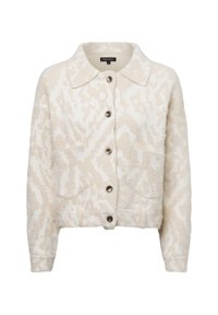 Crème-kleurige cropped jack met een zachte textuur, voorzien van een subtiel patroon, klassieke kraag, knoopsluiting en twee zijzakken.