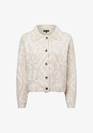 Cream-colored cropped jacket with a soft texture, featuring a subtle pattern, classic collar, button closure, and two side pockets.