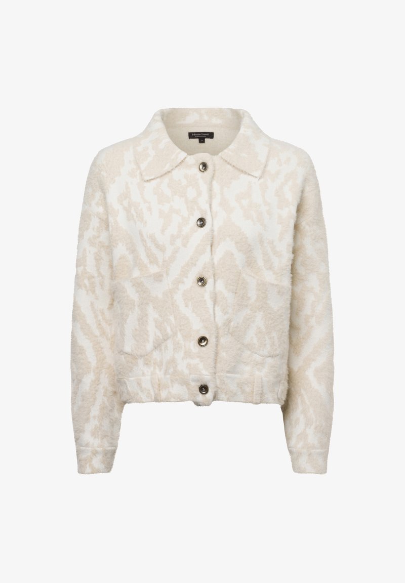 Ecrufarbene, verkürzte Jacke mit weicher Textur, die ein dezentes Muster aufweist, klassischem Kragen, Knopfverschluss und zwei seitlichen Taschen.