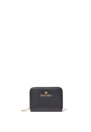 Black leather zip-around wallet with gold zipper and "braccialini" logo embossed in gold on the front.