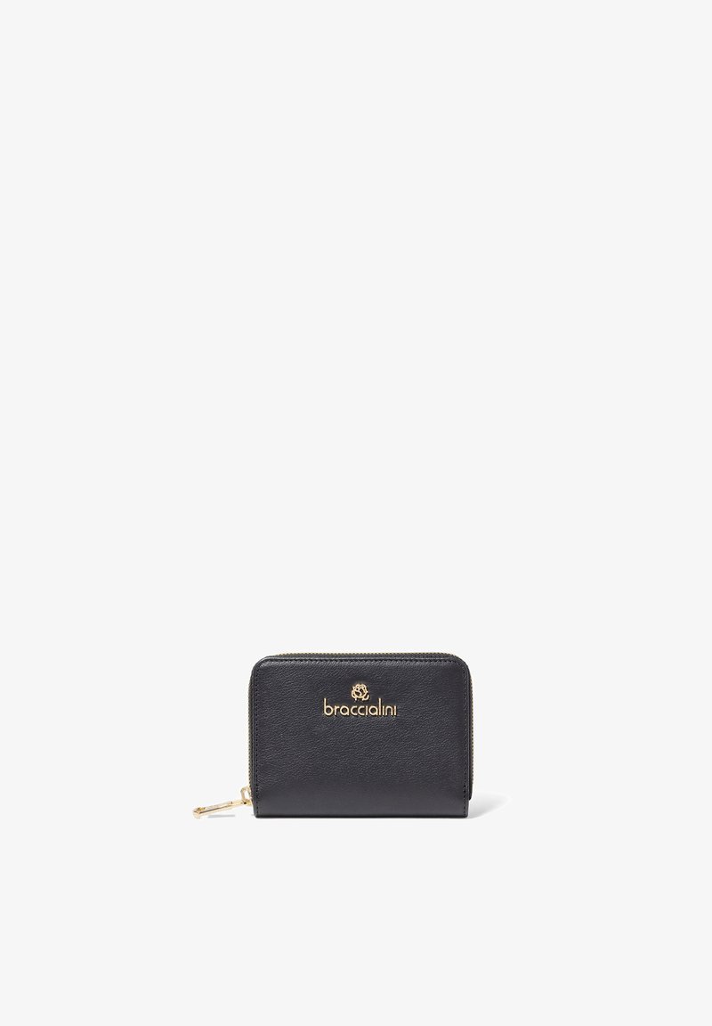 Portefeuille en cuir noir avec fermeture éclair dorée et logo "braccialini" embossé en or sur le devant.