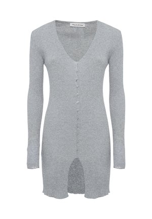 Cardigan grigio a coste con maniche lunghe, scollo a V e chiusura con bottoni. Presenta una alta apertura sul davanti e una finitura testurizzata.