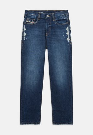 Blaue Denim-Jeans mit geradem Bein, versehen mit abgetragenen Stellen und einem klassischen Fünf-Taschen-Design. Verstellbarer Bund und Reißverschluss.