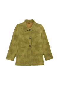 Oliwkowa kurtka o gładkim, teksturowanym wykończeniu, z kołnierzem, frontowymi guzikami i dwoma dużymi kieszeniami. Klasyczny krój i rękawy.