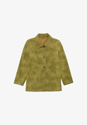 Giacca verde oliva con una finitura liscia e testurizzata, dotata di colletto, bottoni frontali e due tasche grandi. Taglio classico e maniche.