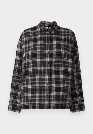 Cămașă cu carouri negre și gri, cu mâneci lungi, guler și un tiv drept. Fabricată dintr-un material moale și ușor.