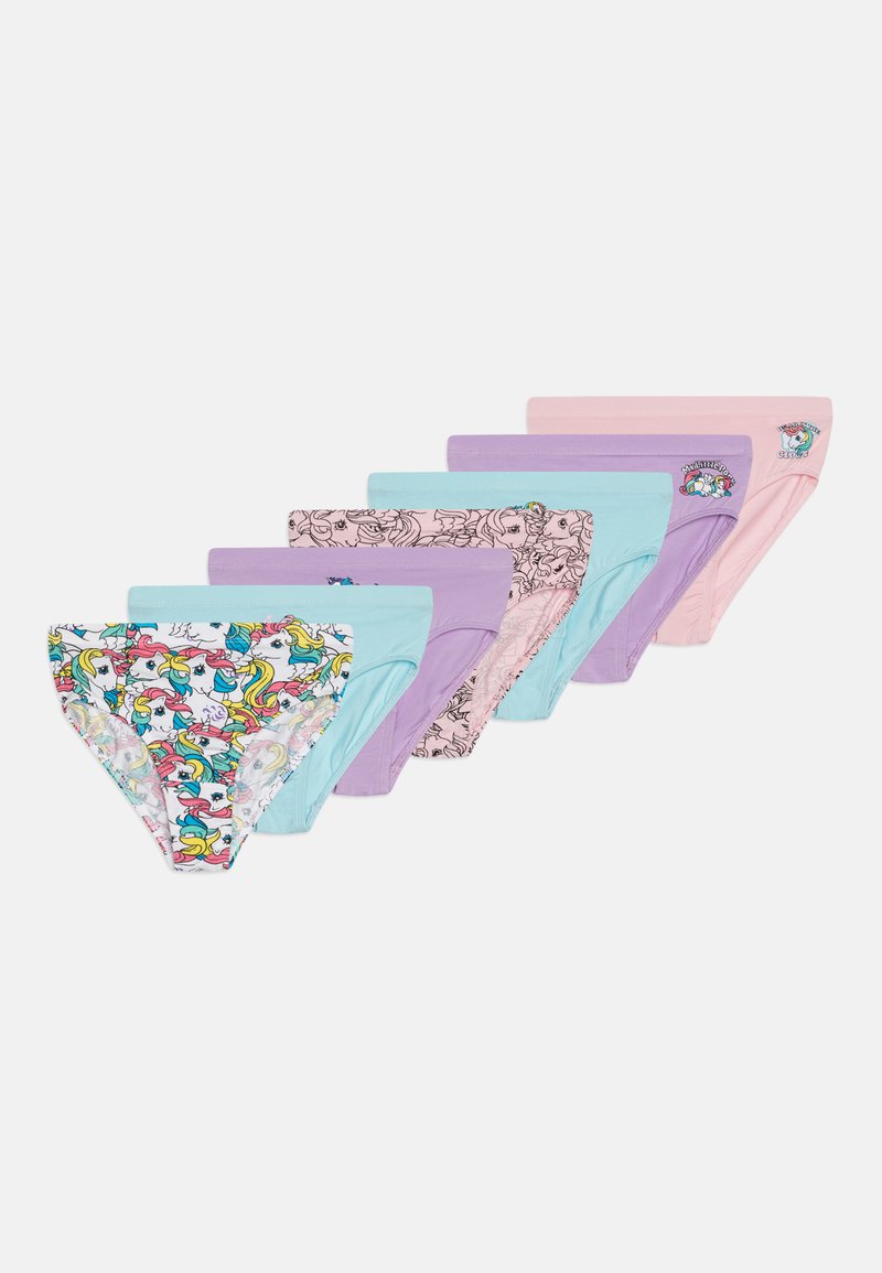 Set van zeven kleurrijke katoenen slipjes in pastelkleuren, met speelse eenhoorn- en bloemenpatronen. Middenhoog ontwerp met elastische taillebanden.