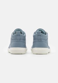 Blaue Leder-Mid-Top-Sneaker mit glatter Oberfläche, weißen Gummisohlen und rückseitigen Ziehschlaufen für ein einfaches An- und Ausziehen. Sauberes Design mit genähten Akzenten.