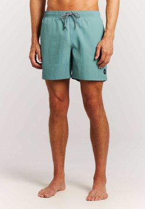 Mand iført turkise bade-shorts med snøre, stående barfodet mod en neutral baggrund, der viser frontvinkel fra talje til fødder.