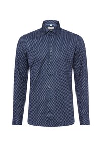 Marineblaues Langarmhemd mit geometrischem Muster. Es verfügt über einen klassischen Kragen und eine Knopfleiste, gefertigt aus glattem Stoff.
