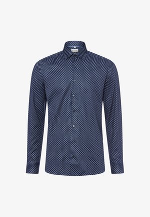 Marineblaues Langarmhemd mit geometrischem Muster. Es verfügt über einen klassischen Kragen und eine Knopfleiste, gefertigt aus glattem Stoff.