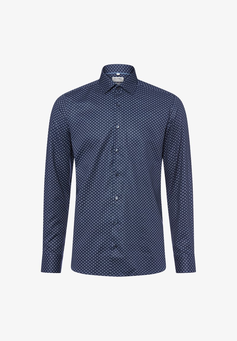 Camicia a maniche lunghe blu navy con un motivo geometrico. Presenta un colletto classico e una chiusura con bottoni, realizzata in tessuto morbido.