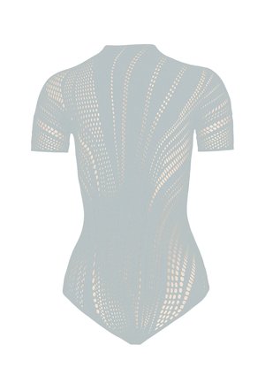 Body verde menta con maniche corte, caratterizzato da un motivo testurizzato di ritagli circolari e linee fluide, tessuto morbido e forma aderente.