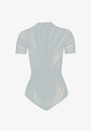 Body verde menta con maniche corte, caratterizzato da un motivo testurizzato di ritagli circolari e linee fluide, tessuto morbido e forma aderente.