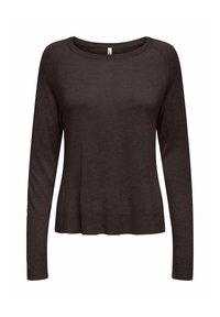 Suéter de manga larga marrón oscuro con cuello redondo, dobladillo acanalado y un corte relajado. Fabricado con un material suave y ligero.