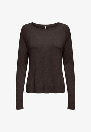 Tummanruskea pitkähihaisen neuleen, jossa on pyöreä kaula-aukko, ribbireunus ja rento malli. Valmistettu pehmeästä, kevyestä materiaalista.