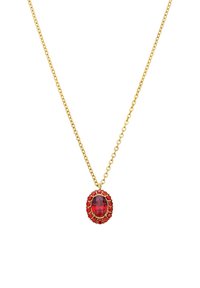 Gouden ketting met een ketting, met een ovale rode edelsteen omringd door kleinere rode stenen in een decoratieve setting.