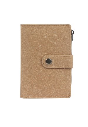 Brown, textured wallet made from a soft material, featuring a snap button closure and a zipper on the side for secure storage.