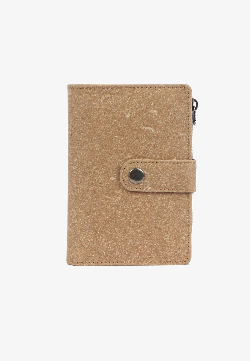 Brown, textured wallet made from a soft material, featuring a snap button closure and a zipper on the side for secure storage.