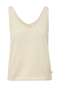 Crème-kleurige tanktop met een V-hals, voorzien van een textuur gebreid patroon en een geribbelde zoom. Lichtgewicht en ademend materiaal.