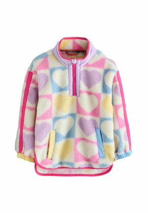Fleece-Pullover mit halbem Reißverschluss, versehen mit einem pastellfarbenen Herzmuster in Pink, Blau, Gelb und Lavendel, mit kontrastierenden Besätzen und Taschen.