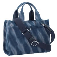 Blue textile bag with dual handles and adjustable shoulder strap. Features a zippered closure, silver accents, and subtle horizontal pattern.