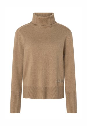 Hellbrauner, gestrickter Rollkragenpullover mit langen Ärmeln und gerippten Bündchen und Saum, mit dezentem Text auf der unteren rechten Seite.