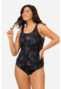 Maillot de bain noir une pièce avec un motif floral dans des tons rouges et gris, doté d'un col rond et de larges bretelles. Tissu lisse et élastique.