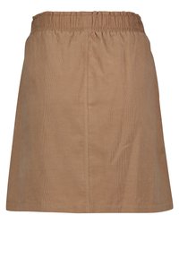 Brun kjol i texturerat tyg, med resårmidja och rak passform. Enkelt mönster utan synliga mönster eller dekorationer.